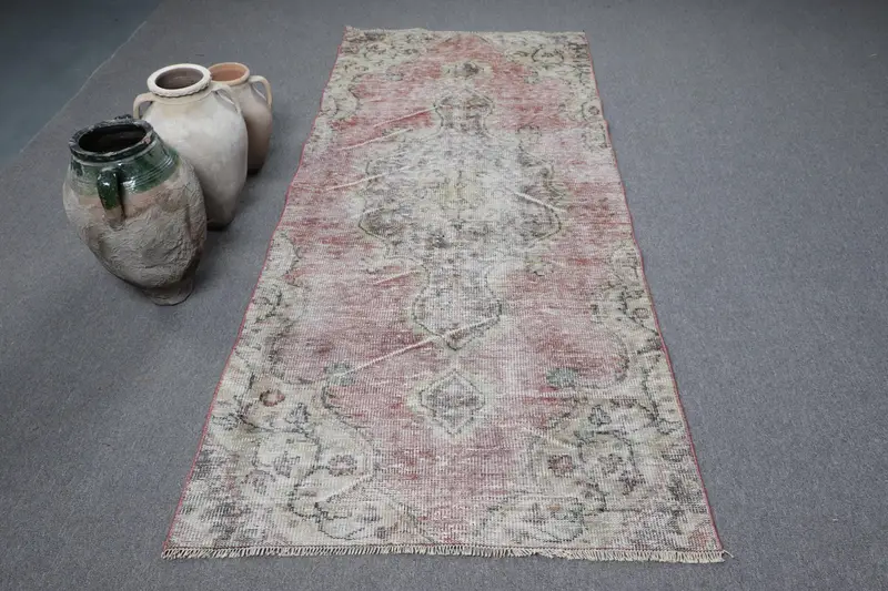 3.6x8.2 ft Oushak Halı, Vintage Türk Halısı, Kırmızı Gri Bitkiler ve ağaçlar Halı - 1