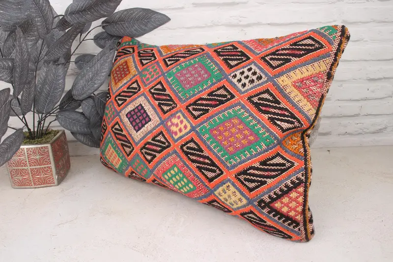 Vintage Kilim Pillow, Handmade Kilim Cushion, Chair Pillow Sham, Pillow for Sofa, Cushion Case, Armchair Pillow Sham, 16x24 Orange Pillow Sham - 4