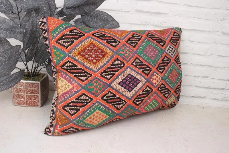 Vintage Kilim Pillow, Handmade Kilim Cushion, Chair Pillow Sham, Pillow for Sofa, Cushion Case, Armchair Pillow Sham, 16x24 Orange Pillow Sham - 3