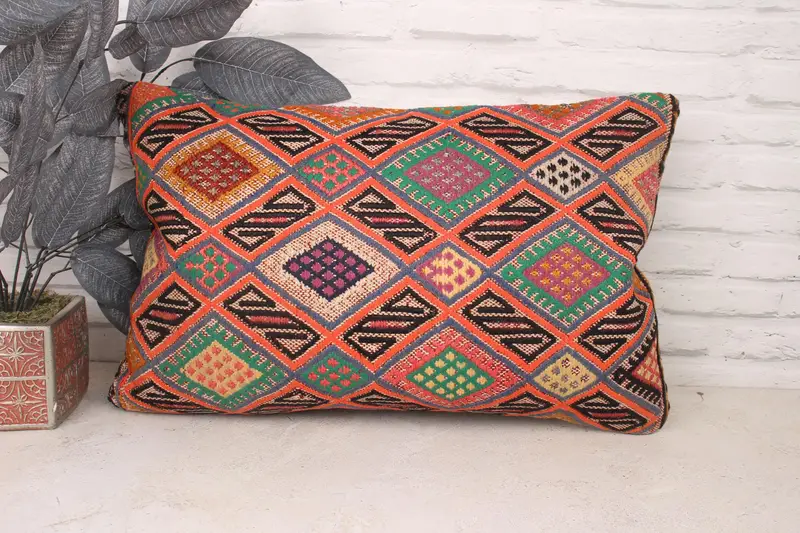 Vintage Kilim Pillow, Handmade Kilim Cushion, Chair Pillow Sham, Pillow for Sofa, Cushion Case, Armchair Pillow Sham, 16x24 Orange Pillow Sham - 1