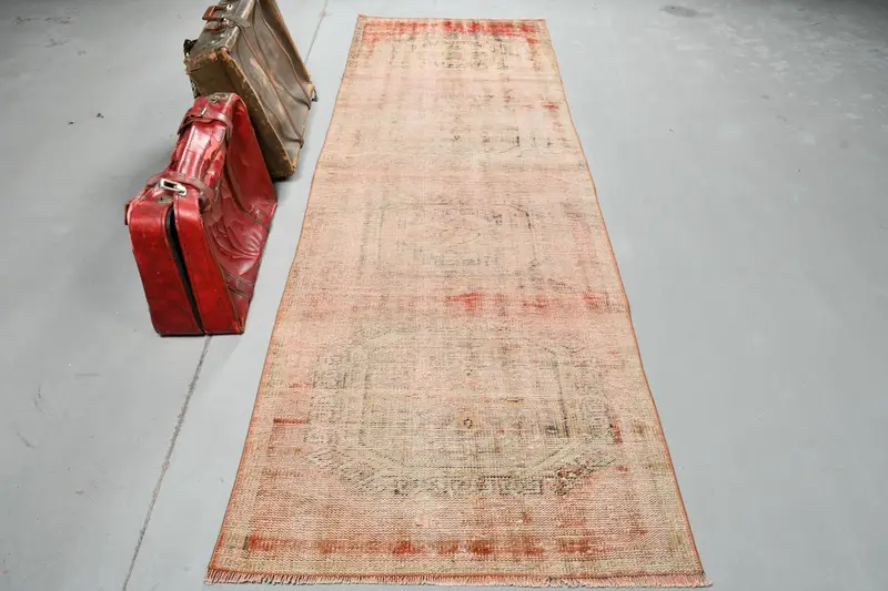 Oushak Rug, 3.2x9.6 ft Vintage Rug, Red Animal Print Rug Wool - 1