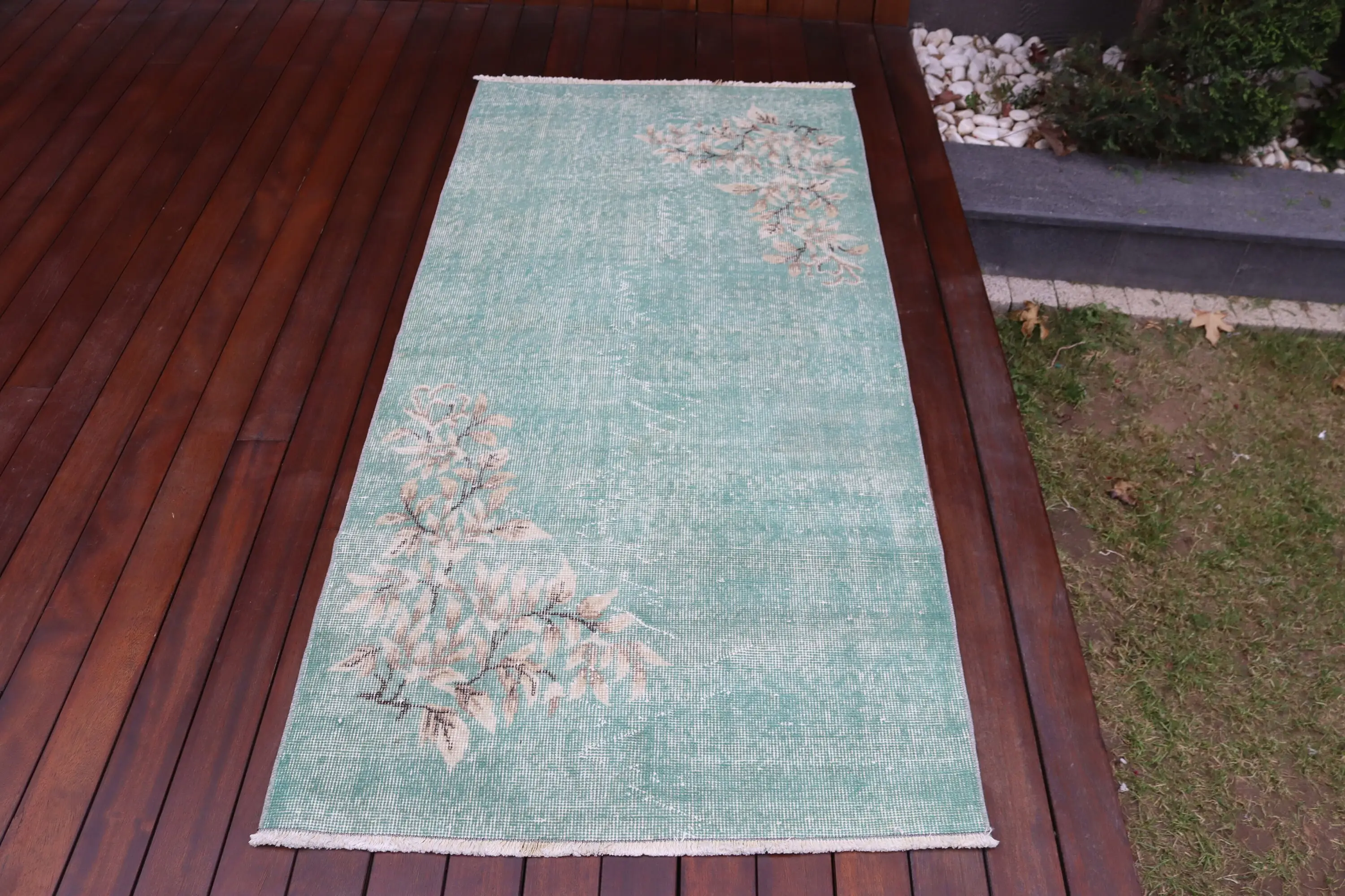Alfombra turca vintage, alfombra de 2,97x6,15 pies, alfombra de lana de lunares blancos verdes - 1