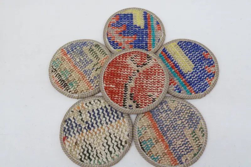Bohemian Blue & Beige Round Coaster, Unique Kilim Coaster