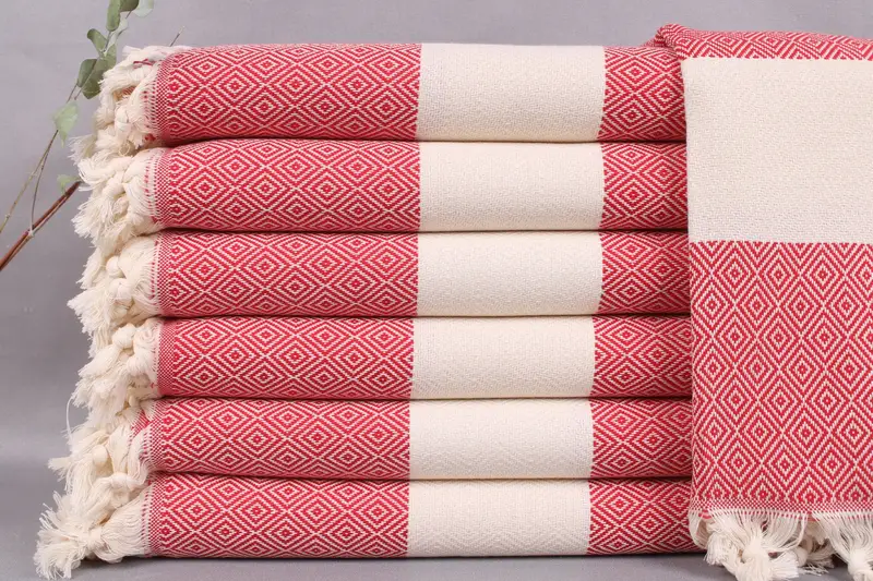 Bridesmaid Gift Turkish Beach Towel Red Diamond, Beige, 40x71 Inches