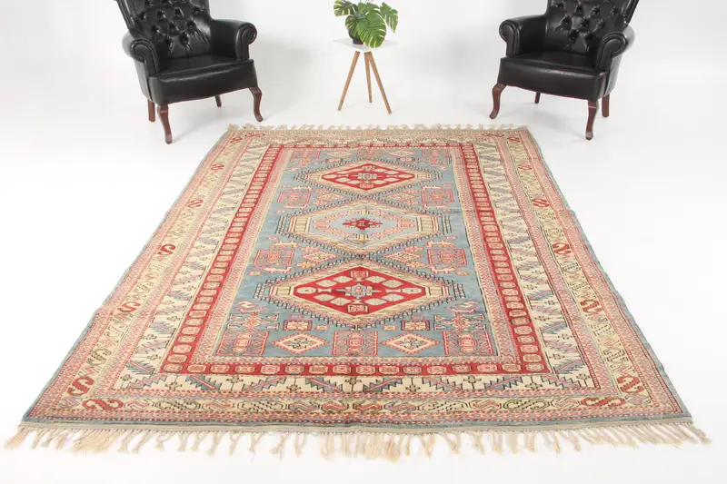 Vintage Large Rug 6.7x8.5 ft, Blue Red Camouflage Rug Wool - 1