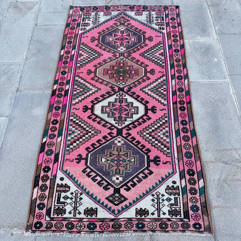 3,2x6 ft Teppich, türkischer Vintage-Akzentteppich, rosa Oushak-Wollteppich - 1