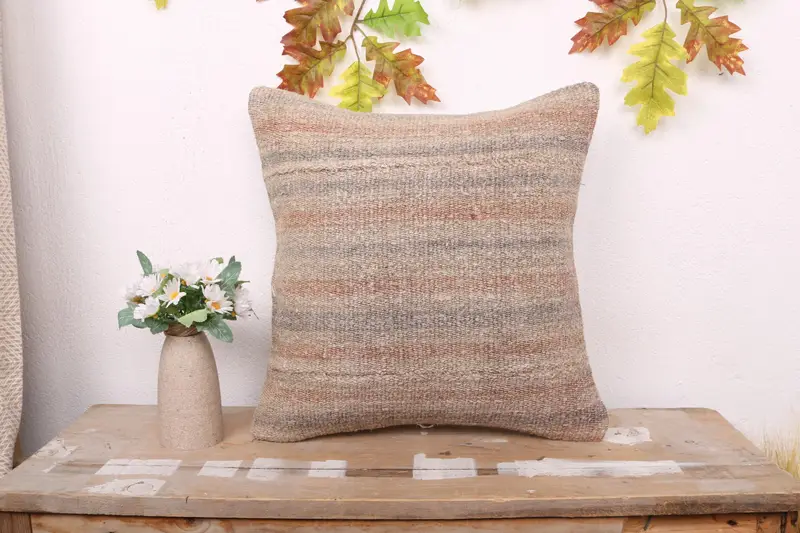 Pillow, 16x16 Beige Pillow Cover, Boho Pillow Sham Cover, Bench Pillow Sham, Interior Designer Pillow, Vintage Throw Pillow Case, Throw Kilim Pillow - 1