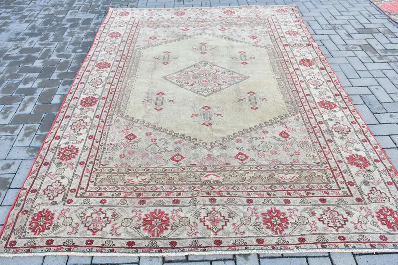 6.4x8.9 ft Halı, Türk Vintage Halısı, Kırmızı Oushak Yün Halı - 1