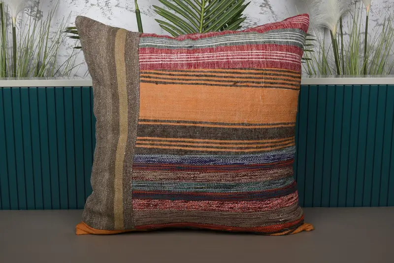 Orange & braunes Patchwork-Wurfkissen, handgefertigtes besticktes Kissen