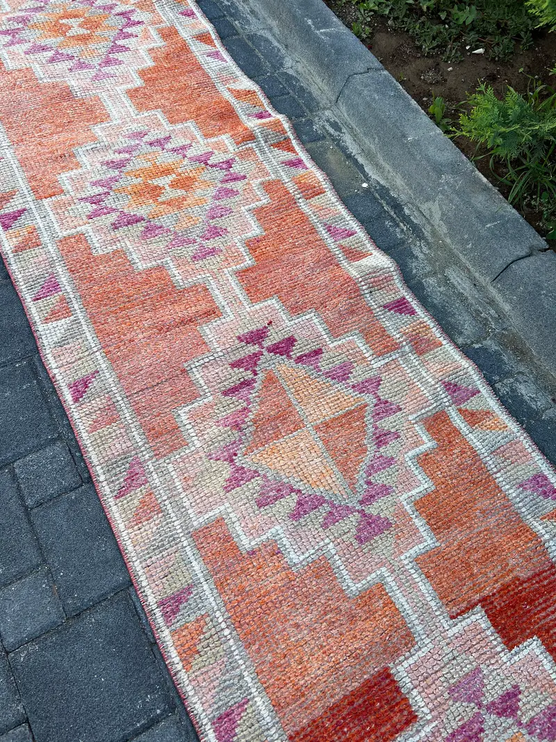 Turkish Rug, Runner 2.7x12.3 ft Vintage Rug, Orange Pink Polka dot Wool Rug - 1