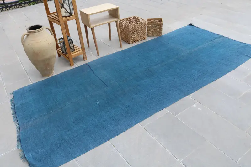 Türk Vintage Halı, 4.2x9.8 ft Oushak Halı, Mavi Bitkiler ve ağaçlar Yün Halı - 1