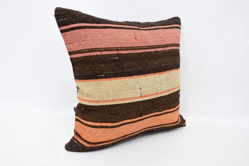 Pillow Case, Vintage Kilim Throw Pillow, Patio Pillow, Turkish Bench Pillow, Pillow for Couch, Kilim Pillow, 16x16 Brown Cushion, Floor Pillow Sham - 3