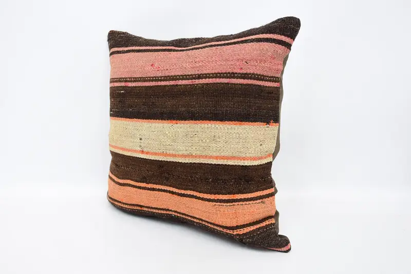 Pillow Case, Vintage Kilim Throw Pillow, Patio Pillow, Turkish Bench Pillow, Pillow for Couch, Kilim Pillow, 16x16 Brown Cushion, Floor Pillow Sham - 4