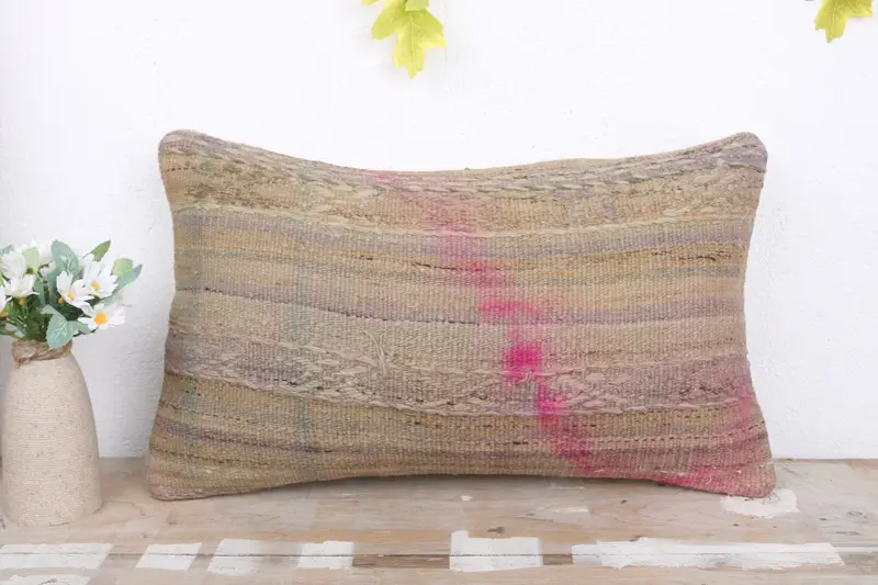 Pillow Case, 12x20 Beige Pillow Sham, Kilim Pillow Cover, Patio Pillow Sham, Bolster Cushion Cover, Vintage Kilim Throw Pillow, Turkish Pillow - 2