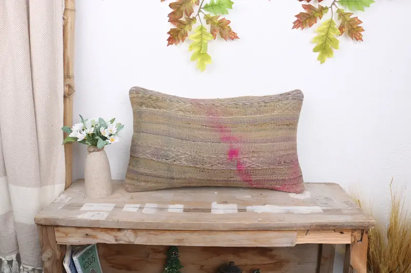 Pillow Case, 12x20 Beige Pillow Sham, Kilim Pillow Cover, Patio Pillow Sham, Bolster Cushion Cover, Vintage Kilim Throw Pillow, Turkish Pillow - 1