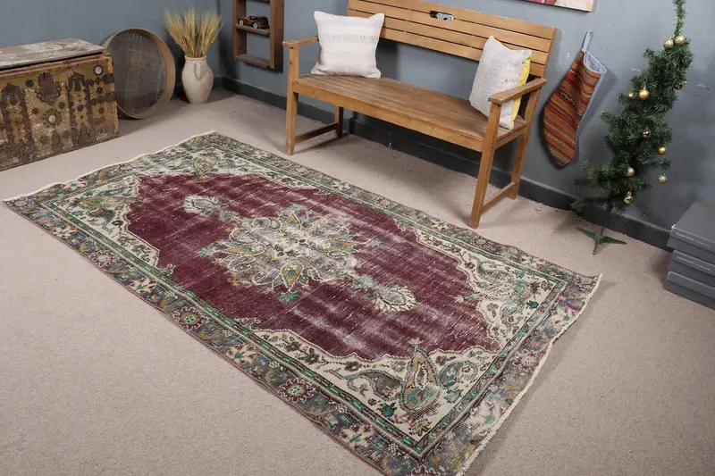 Türk Vintage Alan Halısı 4.4x7.9 ft (133x240 cm), Kırmızı Kareli Oushak Halı - 1