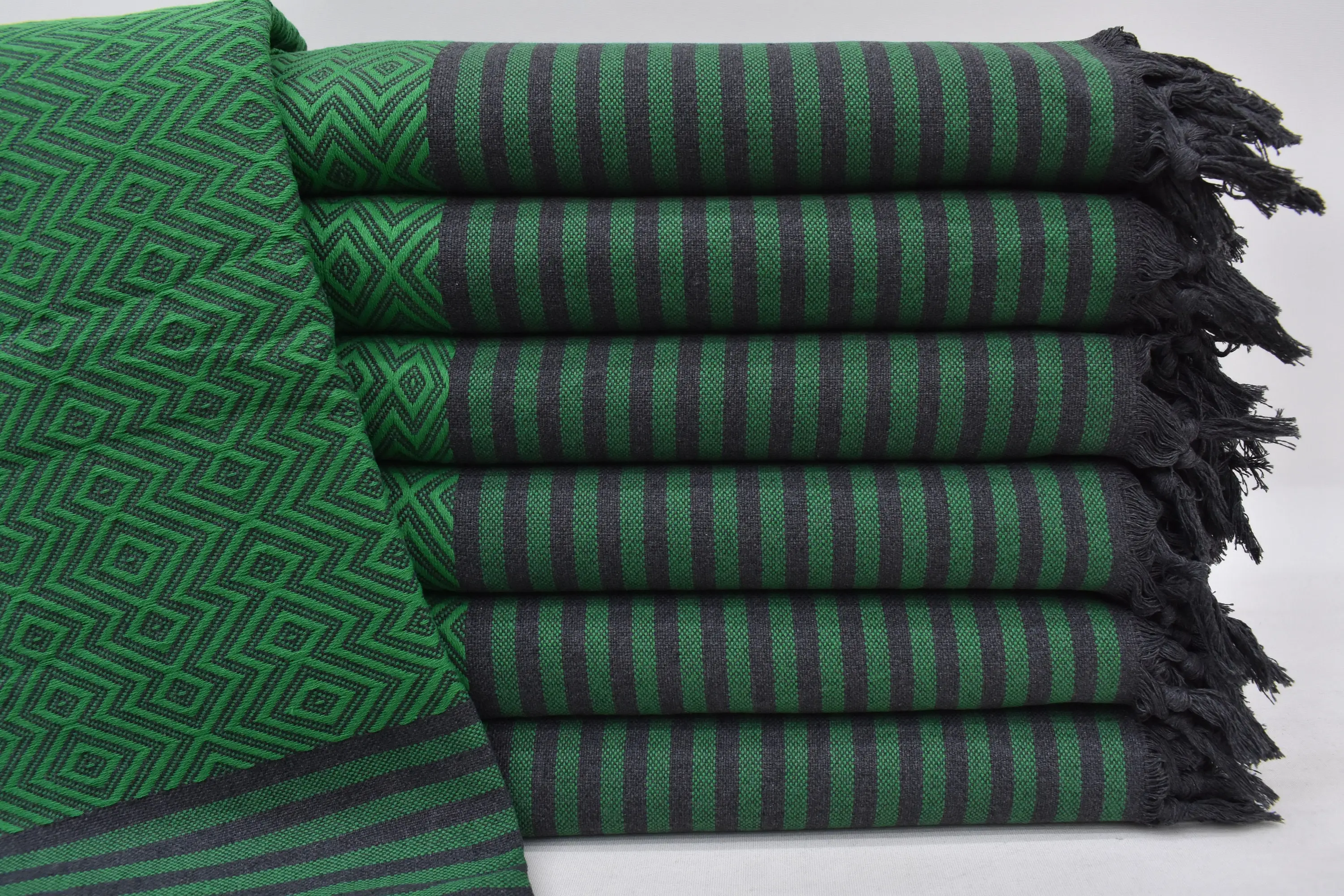 Turkish Blanket Decorative Throw Green Cotton, Geometric Pattern, 102x78 Inches - 1