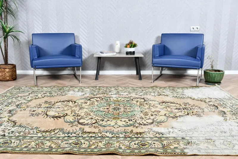 Türk Halısı, 6.3x9.7 ft Vintage Halı, Yeşil Sarı Bordürlü Yün Halı - 1