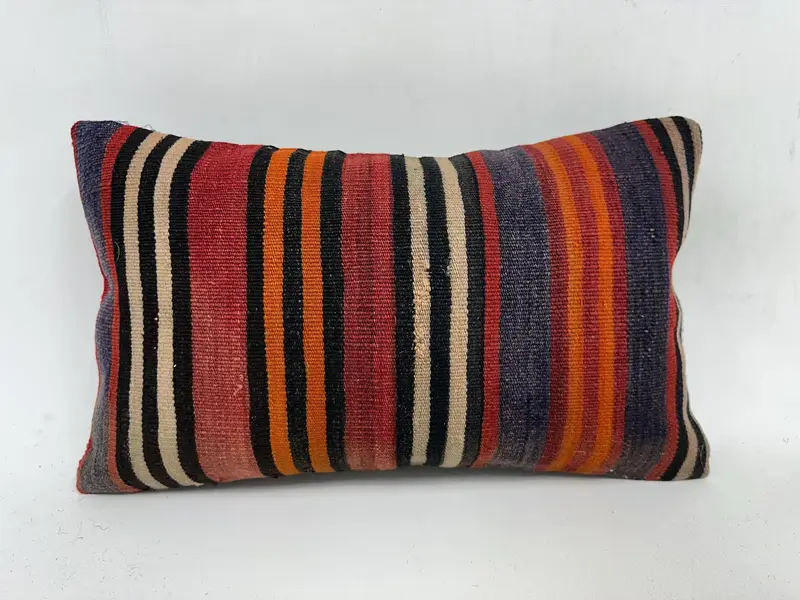 Red & Orange Striped Pillow, 12x20 Inches Handmade Decorative Pillow - 1
