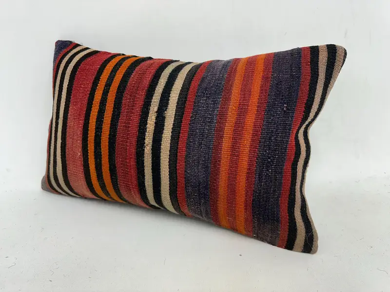Red & Orange Striped Pillow, 12x20 Inches Handmade Decorative Pillow - 4