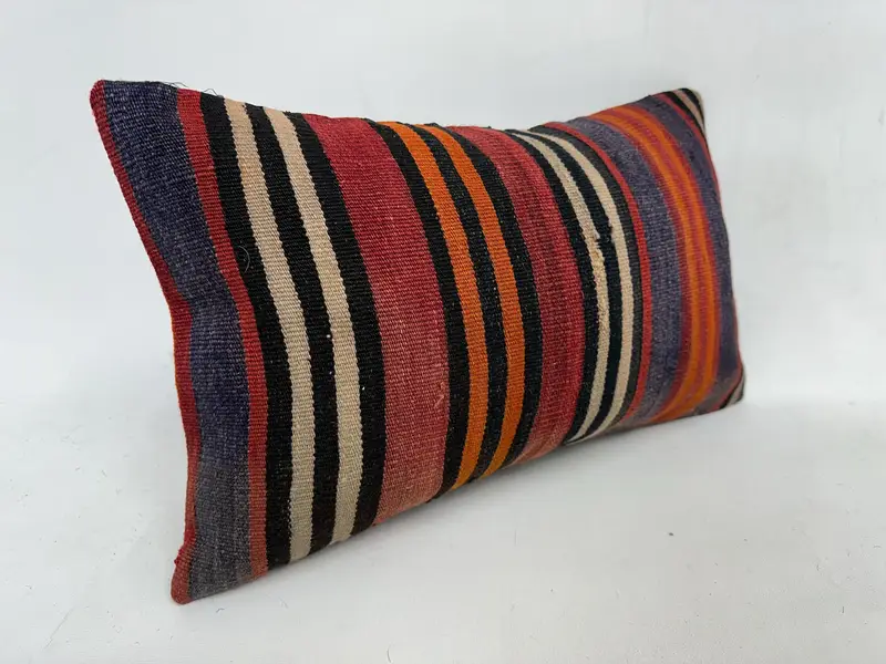 Red & Orange Striped Pillow, 12x20 Inches Handmade Decorative Pillow - 3