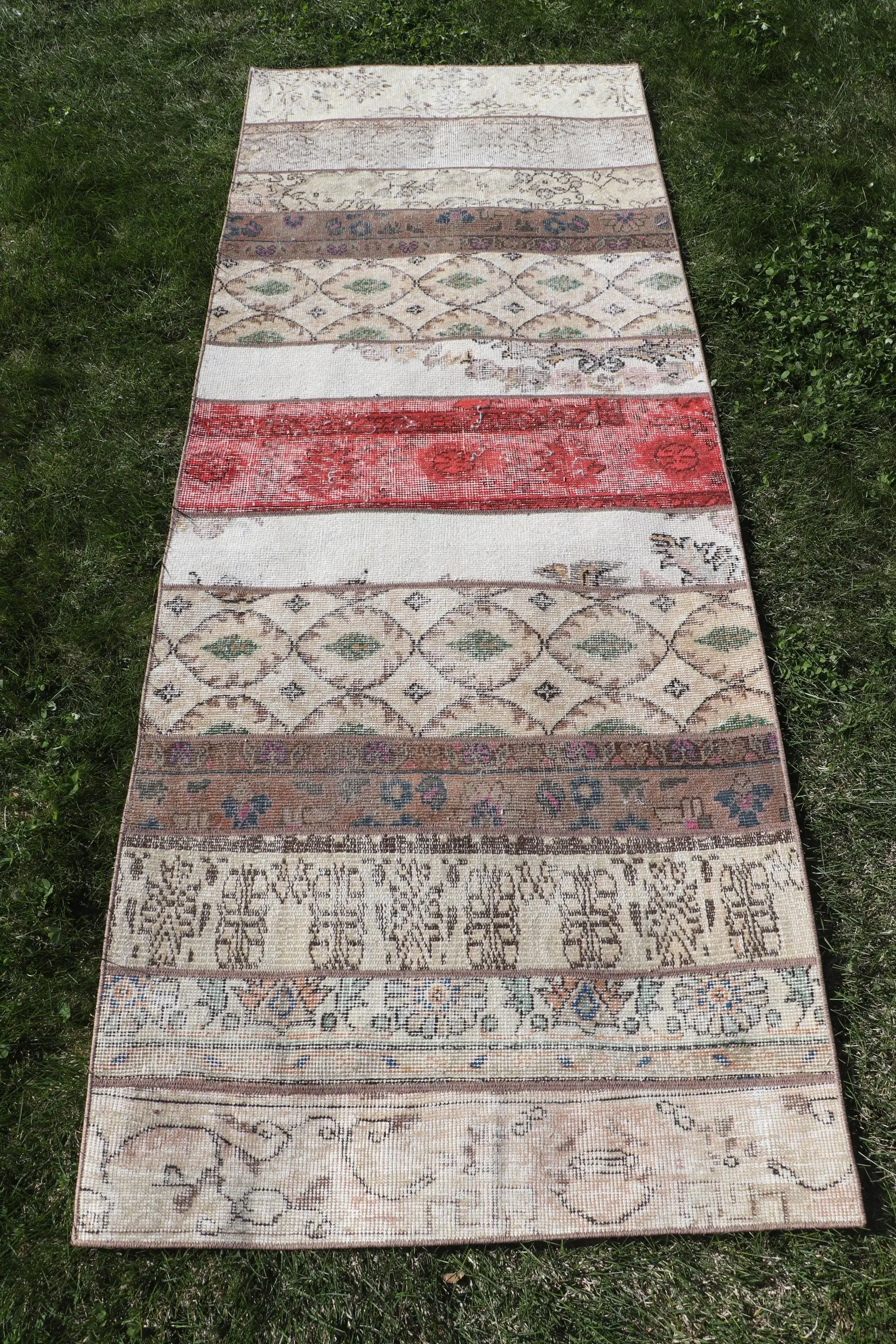 2.9x7.6 ft Turkish Vintage Rug, Runner Rug, Red Brown Patchwork Wool Rug - 1