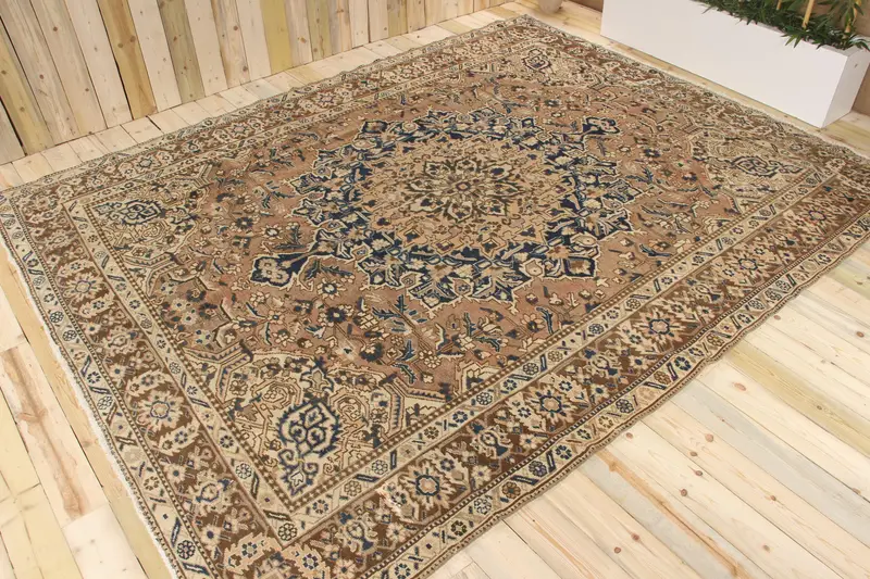 9.1x11.6 ft Turkish Rug, Vintage Oversize Rug, Brown Blue Ikat Wool Rug - 1