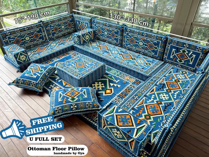 Bohemian Blue & Orange Ottoman, Kilim-Inspired Wool Blend Sectional