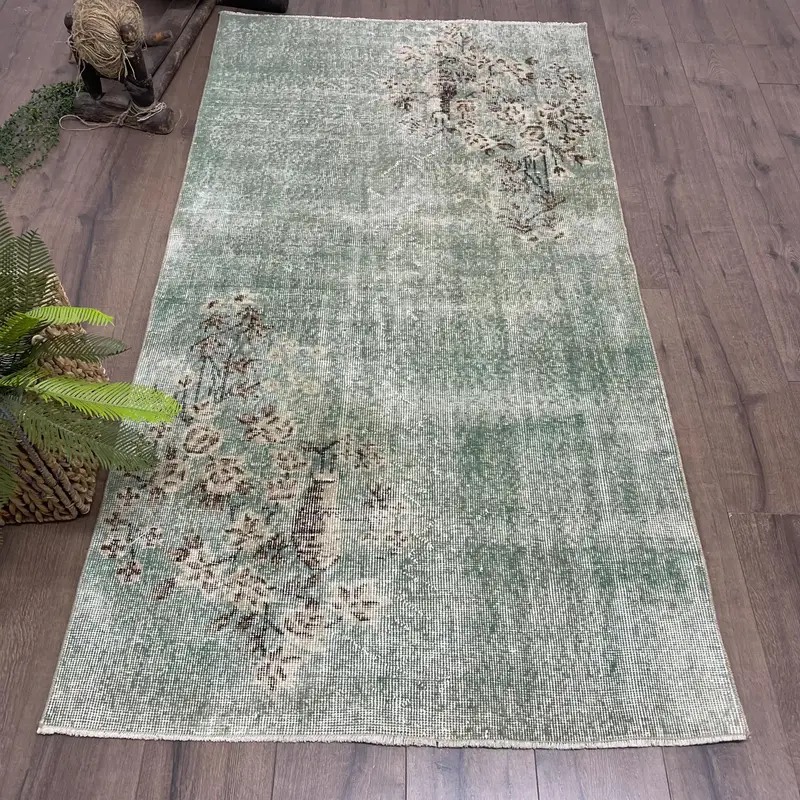 3.4x6.4 ft Vintage Accent Rug, Turkish Green Rug - 1