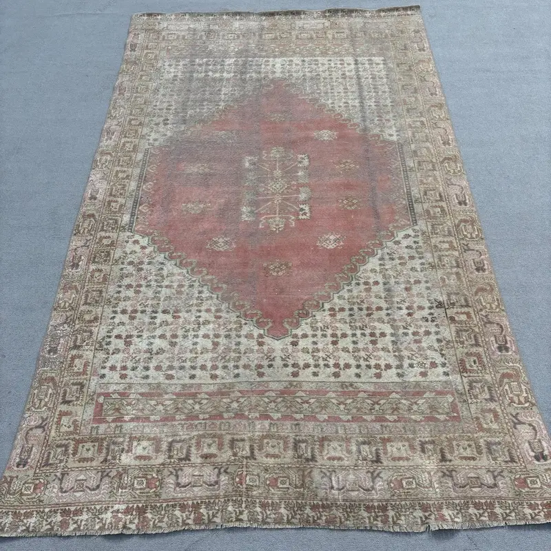 6.3x9.2 ft Vintage Halı, Türk Büyük Halı, Kırmızı Gri Kareli Yün Halı - 1