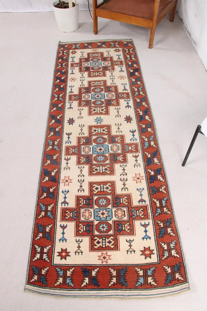 Handmade Beige & Red Ikat Rug, 2,2x7,6 ft