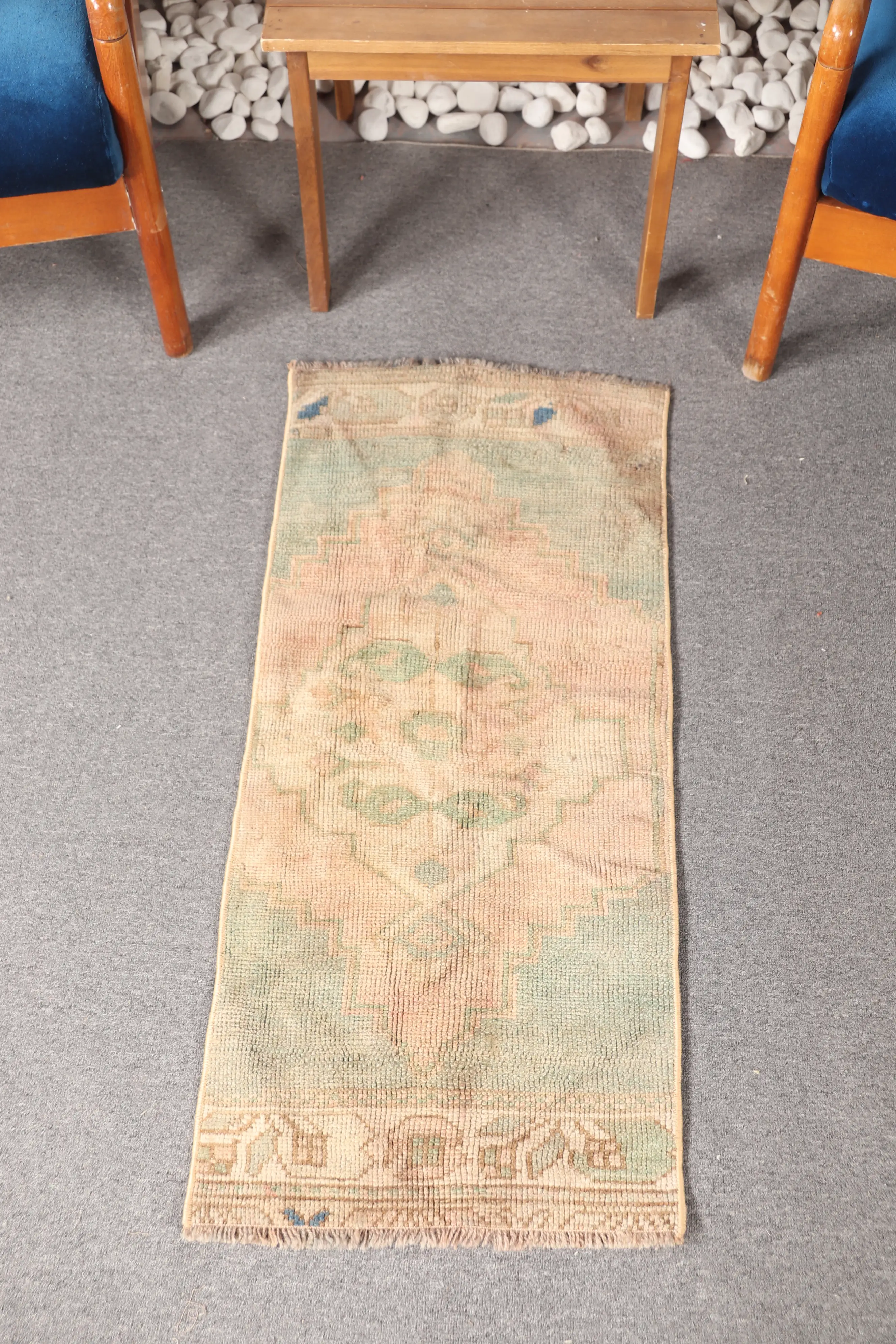 Turkish Rug, Small 1.4x3.3 ft Vintage Rug, Beige Green Floral Rug - 1