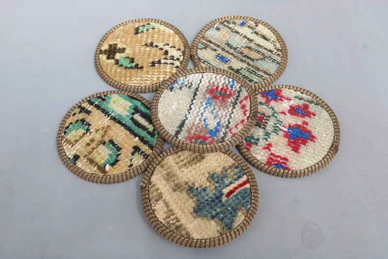 Beige and Bronze Coaster Set, Durable Turkish Kilim Coasters