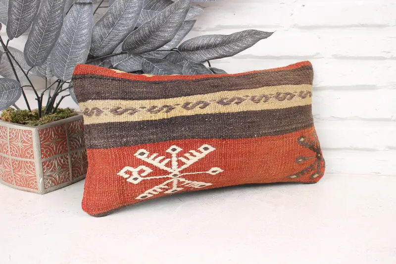 Vintage Throw Cushion, 8x16 Brown Pillow, Handmade Kilim Cushion, Outdoor Patio Pillow, Boho Pillow, Pillow Cover, Turkish Pillow - 3