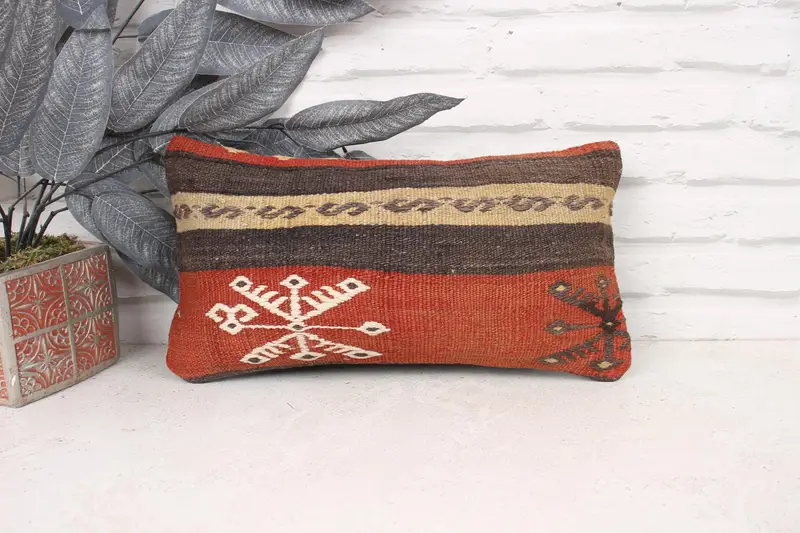 Vintage Throw Cushion, 8x16 Brown Pillow, Handmade Kilim Cushion, Outdoor Patio Pillow, Boho Pillow, Pillow Cover, Turkish Pillow - 1