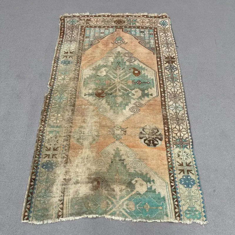 Alfombra Verde y Naranja Geométrica con Motivos Florales 100x180cm