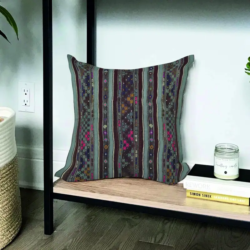 Almohada de lanzamiento bordada geométrica verde y púrpura, cojín de lino vintage