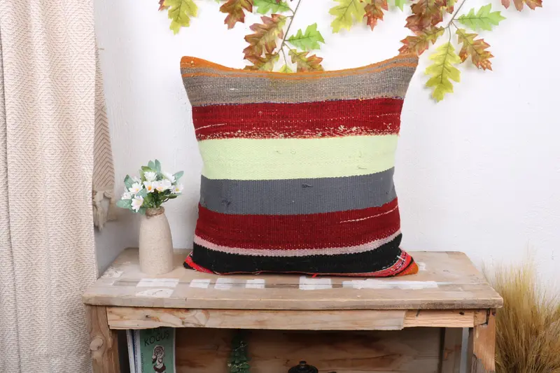 Cushion Case, Kilim Cushion Sham, 20x20 Red Pillow Cover, Vintage Kilim Throw Pillow, Throw Kilim Pillow, Vintage Throw Pillow Sham - 1