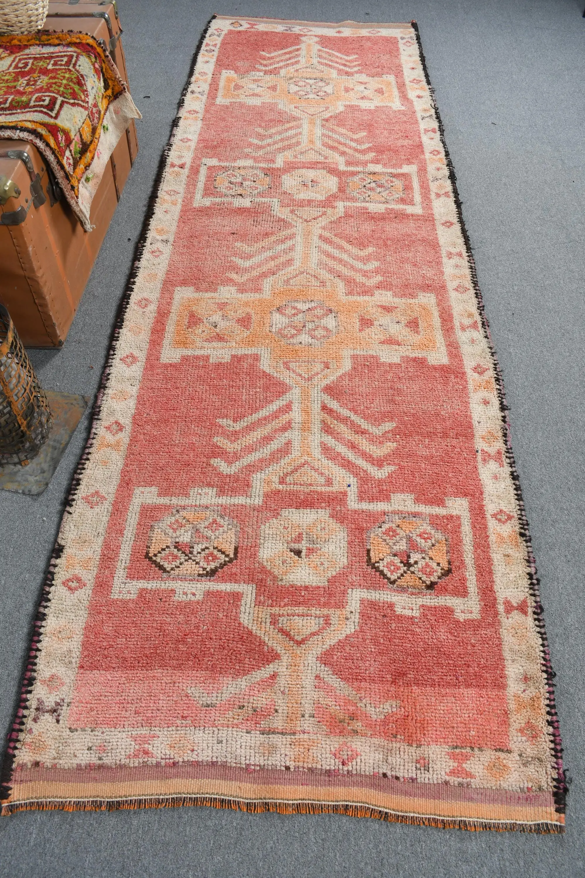 Turkish Runner Rug, 3.2x10.5 ft Vintage Rug, Red Herki Wool Rug - 1