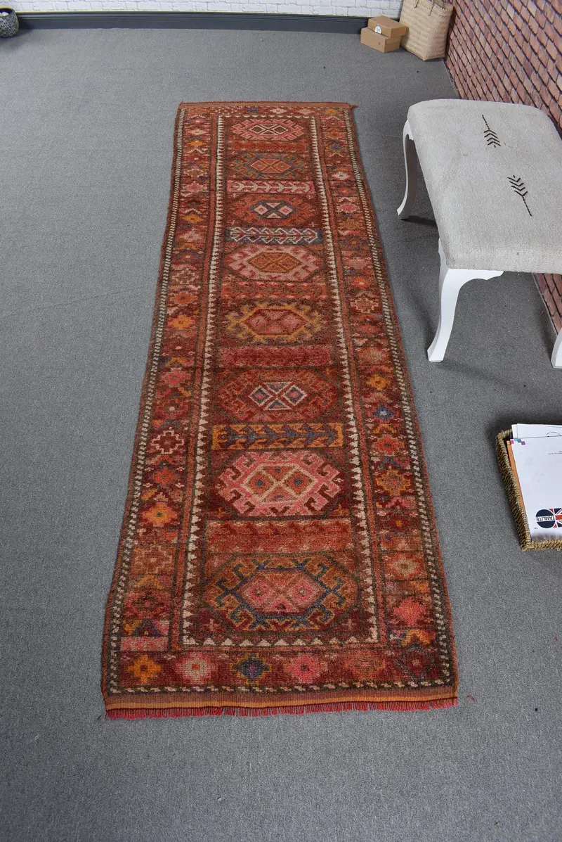 Turkish Vintage Rug, 2.7x9.4 ft Runner Rug, Red Blue Abstract Rug - 1