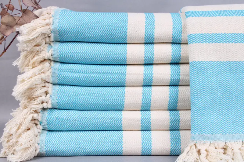 Beach Blanket Turkish Bedspread Turquoise Chevron, Beige, Organic Cotton, 79x95 Inches