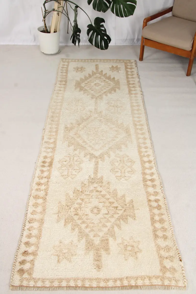 3.1x9.7 ft Rug, Turkish Vintage Rug, Herki Beige Polka dot Rug - 1