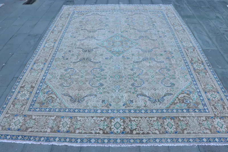 Bej Güneybatı Halısı, 9,6x12,6 ft Mavi Vurgular