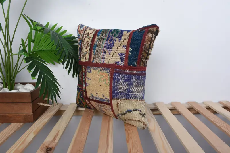 Gift Pillow, Ethnical Kilim Rug Pillow, Cushion, Vintage Pillow, 16x16 Blue Cushion Cover, Handmade Rug Seat Pillow Case, Luxury Cushion Cover - 5