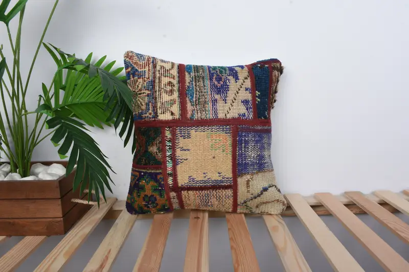 Gift Pillow, Ethnical Kilim Rug Pillow, Cushion, Vintage Pillow, 16x16 Blue Cushion Cover, Handmade Rug Seat Pillow Case, Luxury Cushion Cover - 1