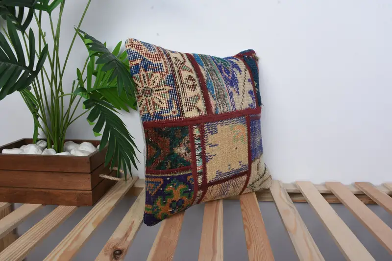 Gift Pillow, Ethnical Kilim Rug Pillow, Cushion, Vintage Pillow, 16x16 Blue Cushion Cover, Handmade Rug Seat Pillow Case, Luxury Cushion Cover - 4