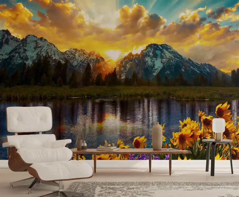 Sunflower Wall Decals, Accent Wall, Grand Teton Park Wall Poster, View Mural, Sunset Wall Print, Stick On Wallpaper Art Deco, - 3