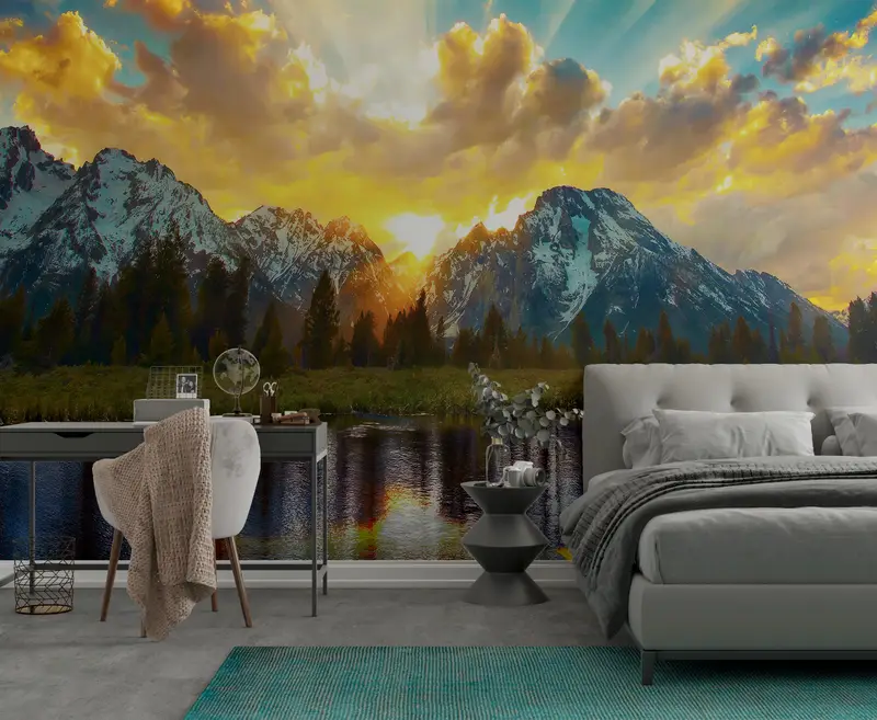 Sunflower Wall Decals, Accent Wall, Grand Teton Park Wall Poster, View Mural, Sunset Wall Print, Stick On Wallpaper Art Deco, - 4