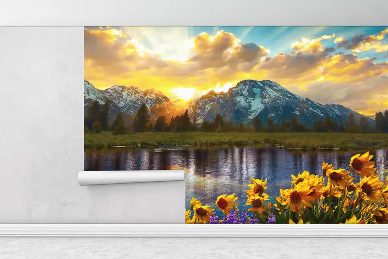 Sunflower Wall Decals, Accent Wall, Grand Teton Park Wall Poster, View Mural, Sunset Wall Print, Stick On Wallpaper Art Deco, - 1