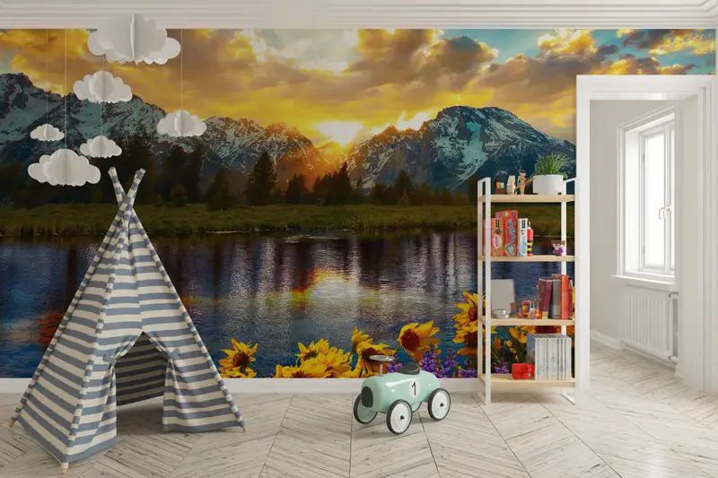 Sunflower Wall Decals, Accent Wall, Grand Teton Park Wall Poster, View Mural, Sunset Wall Print, Stick On Wallpaper Art Deco, - 5